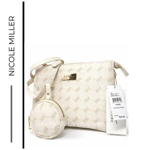 MSRP $50 | NWT Nicole Miller Off White Logo Crossbody Bag w/ Pouch Gold Hardware